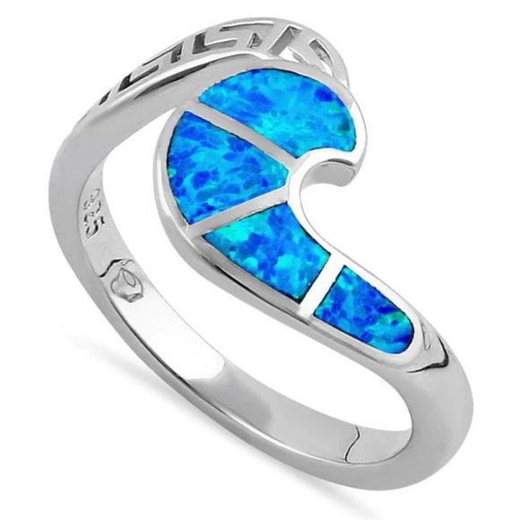 925 STERLING SILVER Lab Created Blue Fire Opal Greek Key & Wave Ring - Picture 15 of 16